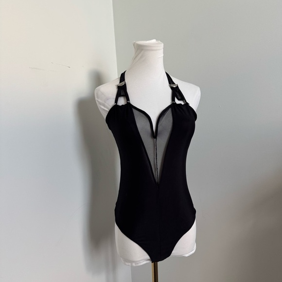 GUESS Black Mesh Bodysuit | Buckle Strap Detail, Deep V, Y2K Clubwear M - Picture 3 of 7